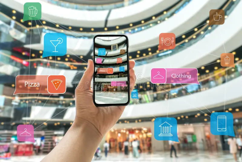 augmented reality marketing shopping mall hand holding smart phone use ar application to check information augmented 246579430